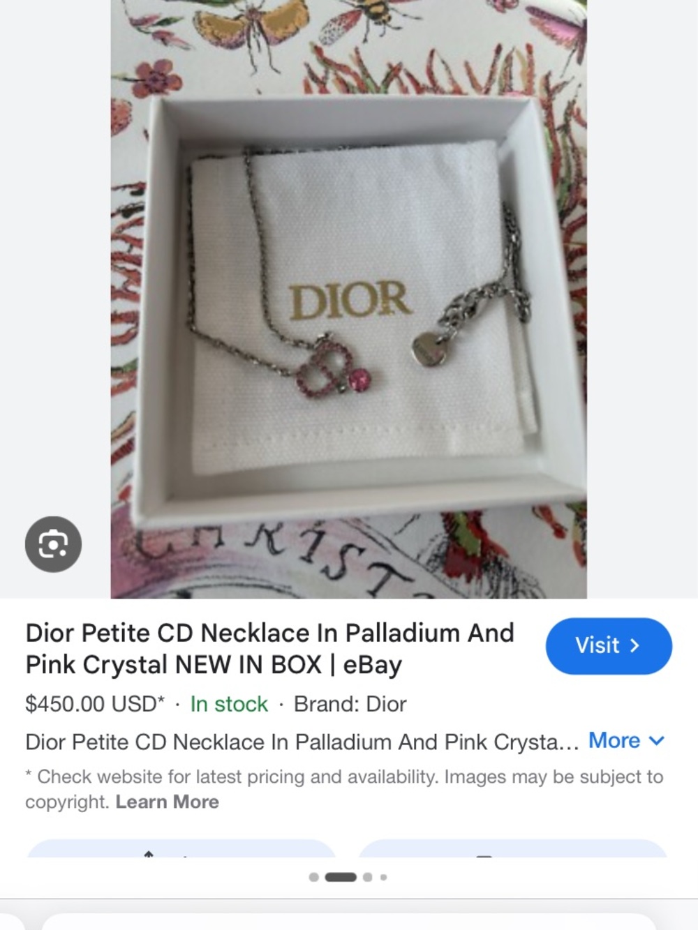 Dior Silver-Tone Necklace with Pink Crystal Logo Drop - Picture 5 of 5